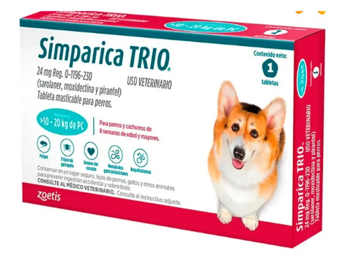 SIMPARICA TRIO TURQUESA (UNIDAD) Perros >10 - 20 kg